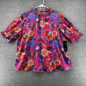 Ali Miles Blouse Women Size Large Short Sleeve Pink Floral NEW
